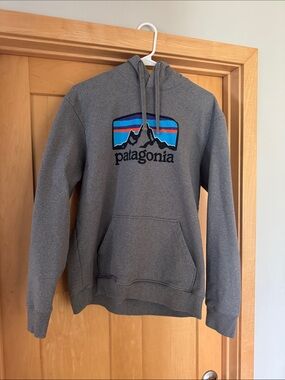 Patagonia Uprisal Grey hoody with Multicolor Mountain Logo